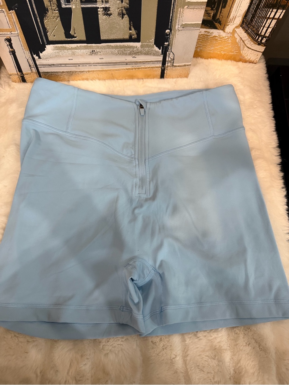 High-Waist Light Blue Athletic Shorts with Front Zip